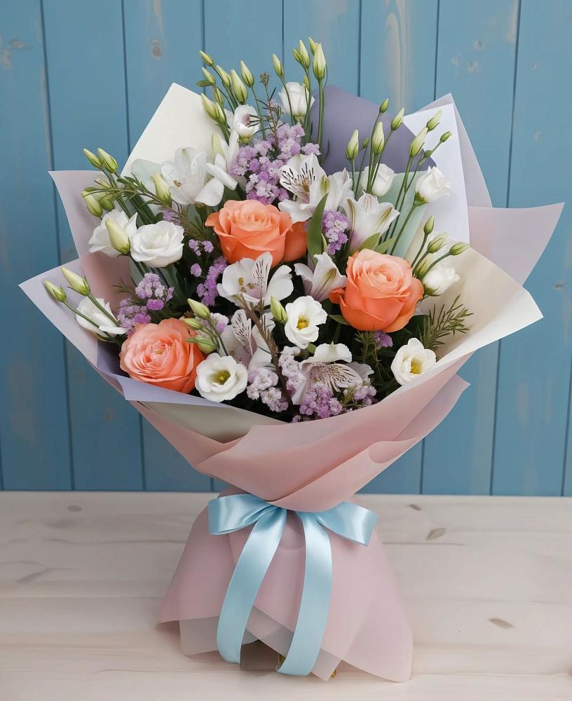 Букет цветов из: Лизиантусы, Розы, Альстромерии и Гипсофила в Бузулуке